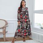 Plus Size Long-sleeve Printed Maxi A-line Dress