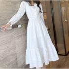 Long-sleeve V-neck Ruffled Trim Midi Dress