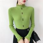 Long-sleeve Lace Trim Single-breasted Knit Top