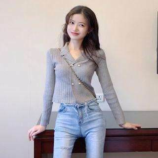 Faux Pearl Double-breasted Cropped Rib Knit Top
