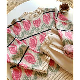 Drop-shoulder Floral Print Sweater