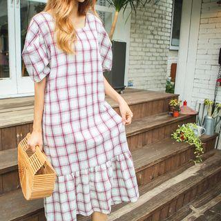 Balloon-sleeve Plaid Long Dress