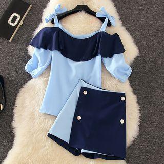 Set: Ruffled Cold Shoulder Short-sleeve Top + Color Block Wide Leg Shorts