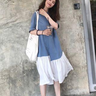 Color Block Elbow-sleeve Midi Dress