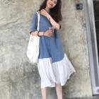 Color Block Elbow-sleeve Midi Dress