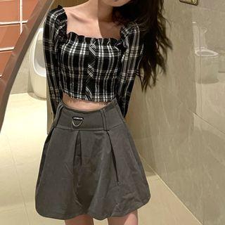 Plaid Cropped Blouse Plaid - White & Black - One Size