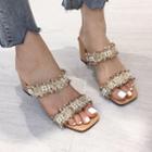 Faux Pearl Woven Strap Chunky Heel Slide Sandals