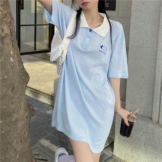 Elbow-sleeve Mini Polo Shirt Dress Blue - One Size