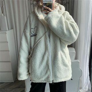 Bear Embroidered Fleece Hooded Zip Jacket