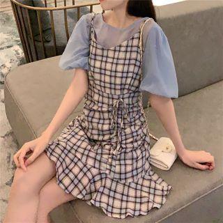 Puff-sleeve Top / Spaghetti Strap Plaid Mini Mermaid Dress