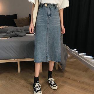 Frayed Hem A-line Midi Denim Skirt