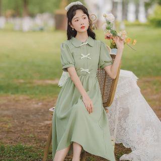 Puff-sleeve Bow Midi A-line Shirtdress