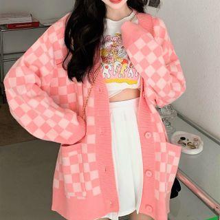 V-neck Plaid Knit Cardigan Pink - One Size