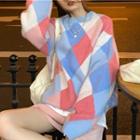 Color Block Argyle Loose-fit Sweater Blue & Pink & White - One Size