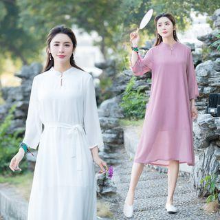 3/4-sleeve Stand-collar Chiffon A-line Midi Dress