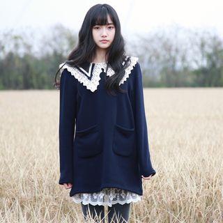 Lace Trim Collared Long Sleeve Tunic