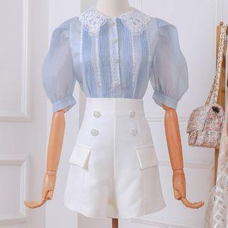 Set: Lace Trim Short-sleeve Shirt + Shorts