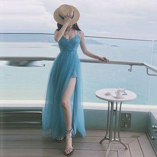 Spaghetti Strap Sheer Midi A-line Dress
