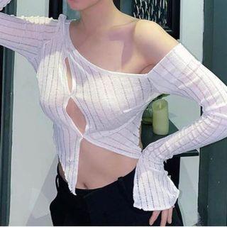 Long-sleeve Off-shoulder Cutout Crop Top
