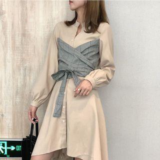 Mock Two-piece Balloon-sleeve Plaid Panel Shirtdress
