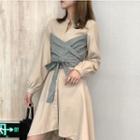 Mock Two-piece Balloon-sleeve Plaid Panel Shirtdress