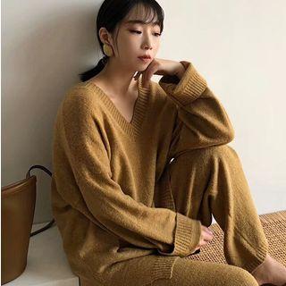 Set: V-neck Sweater + Wide Leg Knit Pants