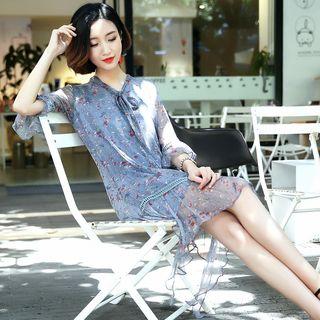 Bell-sleeve Floral Silk Dress