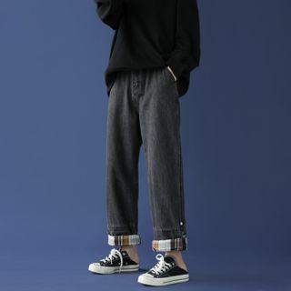 Plaid Panel Straight Fit Jeans