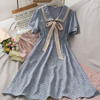 Contrasted Ribbon-accent Floral Midi Dress In 5 Colors