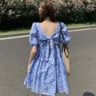 Puff-sleeve Square Neck Cutout-back Floral Mini A-line Dress