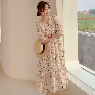 Elbow-sleeve V-neck Dotted Midi A-line Dress