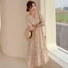 Elbow-sleeve V-neck Dotted Midi A-line Dress