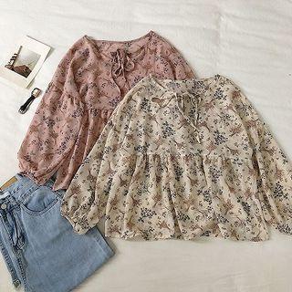 Floral Crewneck Lace-up Long-sleeve Chiffon Blouse