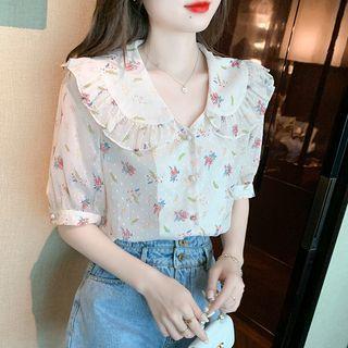Short Sleeve Frill Trim Collar Floral Chiffon Blouse