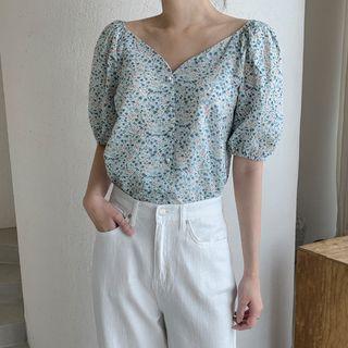 Sweetheart-neck Floral Blouse