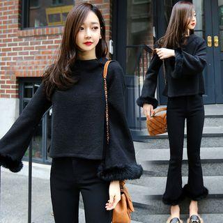 Set: Furry-trim Sweatshirt + Boot Cut Cropped Pants