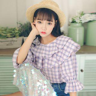 Ruffled Plaid Elbow-sleeve Blouse