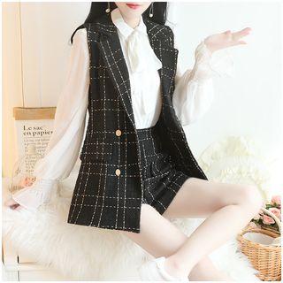 Set: Tie-neck Shirt + Double-breasted Check Vest + Shorts