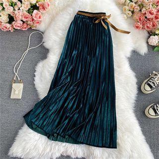 Bow-detail Velvet Pleated Maxi Skirt
