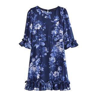 Bell-sleeve Flower Mini A-line Dress