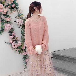 Pointelle Sweater / Sequined Midi Mesh Skirt