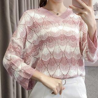 Wave Pattern V-neck Pointelle Knit Sweater
