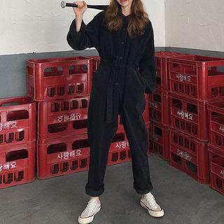 Long-sleeve Corduroy Jumpsuit Black - One Size