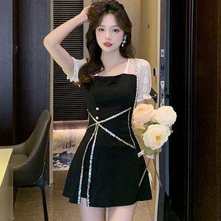 Set Of 2: Short-sleeve Lace Panel Rhinestone Trim Dress + High-waist Plain Shorts