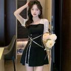 Set Of 2: Short-sleeve Lace Panel Rhinestone Trim Dress + High-waist Plain Shorts