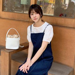 Puff-sleeve Lace-panel Blouse Ivory - One Size