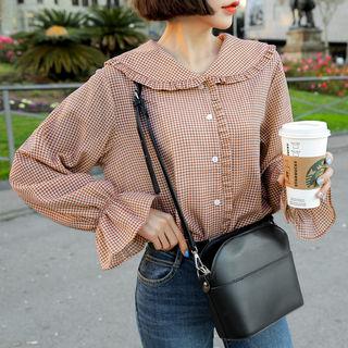 Frilled Sailor-collar Gingham Blouse One Size