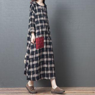Long-sleeve Plaid Hooded Midi Dress