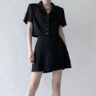 Single-breasted Short-sleeve Crop Blazer / High-waist Pleated Mini Skirt