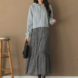 Leopard-panel Tiered Long Hoodie Dress